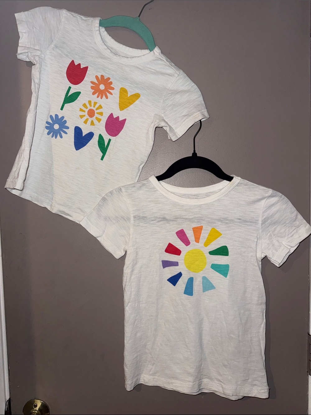 Two Girls White 'Primary' Graphic Tees with Rainbow Flower Designs